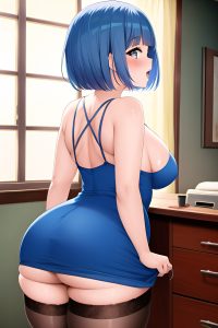 anime,chubby,small tits,40s age,orgasm face,blue hair,bobcut hair style,light skin,vintage,office,back view,bathing,stockings