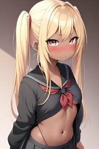 anime,busty,small tits,20s age,pouting lips face,blonde,pigtails hair style,dark skin,charcoal,desert,side view,on back,schoolgirl