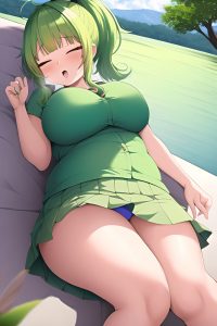 anime,chubby,small tits,60s age,ahegao face,green hair,ponytail hair style,light skin,soft anime,lake,close-up view,sleeping,mini skirt