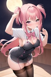 anime,busty,small tits,30s age,shocked face,pink hair,bangs hair style,light skin,crisp anime,moon,side view,massage,stockings