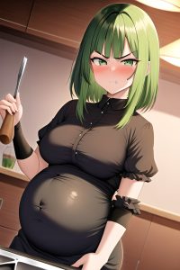 anime,pregnant,small tits,30s age,angry face,green hair,straight hair style,light skin,film photo,bar,close-up view,cooking,goth
