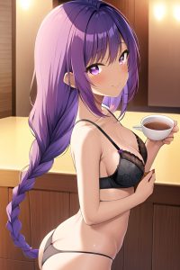anime,busty,small tits,20s age,happy face,purple hair,braided hair style,dark skin,skin detail (beta),cafe,side view,bathing,bra