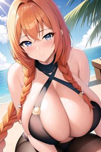 anime,busty,huge boobs,60s age,seductive face,ginger,braided hair style,light skin,illustration,oasis,close-up view,massage,bra