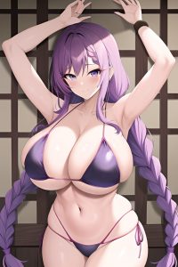 anime,skinny,huge boobs,50s age,happy face,purple hair,braided hair style,light skin,dark fantasy,prison,front view,on back,bikini