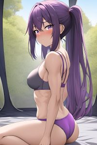 anime,muscular,small tits,40s age,sad face,purple hair,bangs hair style,dark skin,crisp anime,tent,back view,working out,bra