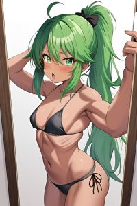 anime,muscular,small tits,80s age,shocked face,green hair,ponytail hair style,dark skin,mirror selfie,jungle,front view,jumping,fishnet