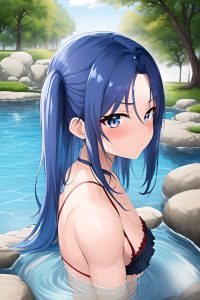 anime,muscular,small tits,70s age,seductive face,blue hair,slicked hair style,light skin,dark fantasy,meadow,side view,bathing,schoolgirl