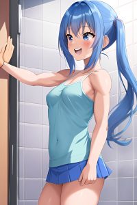 anime,muscular,small tits,70s age,laughing face,blue hair,pigtails hair style,light skin,soft anime,shower,side view,t-pose,mini skirt