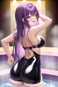 anime,busty,small tits,40s age,laughing face,purple hair,bangs hair style,dark skin,crisp anime,stage,back view,bathing,latex