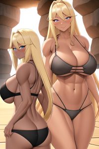 anime,muscular,huge boobs,40s age,happy face,blonde,straight hair style,dark skin,3d,cave,back view,jumping,bra