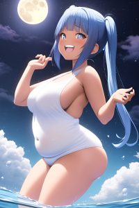 anime,chubby,small tits,30s age,laughing face,blue hair,pigtails hair style,dark skin,3d,moon,side view,bathing,teacher