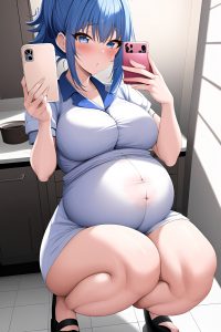 anime,pregnant,small tits,30s age,ahegao face,blue hair,messy hair style,light skin,mirror selfie,kitchen,close-up view,squatting,nurse
