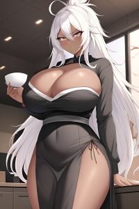 anime,skinny,huge boobs,50s age,serious face,white hair,messy hair style,dark skin,charcoal,office,front view,eating,geisha