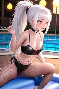 anime,busty,small tits,30s age,happy face,white hair,ponytail hair style,light skin,3d,pool,side view,straddling,fishnet