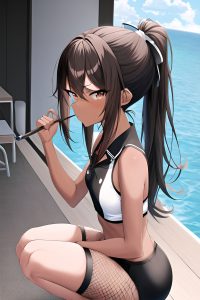 anime,skinny,small tits,80s age,serious face,brunette,ponytail hair style,dark skin,black and white,yacht,side view,squatting,fishnet