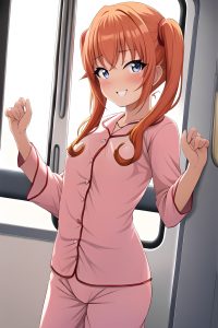 anime,muscular,small tits,70s age,happy face,ginger,pigtails hair style,light skin,soft + warm,train,close-up view,on back,pajamas