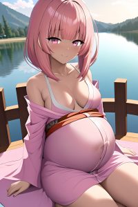 anime,pregnant,small tits,18 age,seductive face,pink hair,bangs hair style,dark skin,3d,lake,close-up view,sleeping,kimono