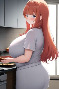anime,chubby,huge boobs,60s age,serious face,ginger,slicked hair style,light skin,film photo,underwater,back view,cooking,schoolgirl