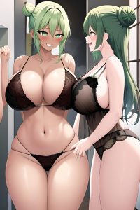 anime,skinny,huge boobs,30s age,laughing face,green hair,hair bun hair style,dark skin,black and white,changing room,side view,t-pose,lingerie