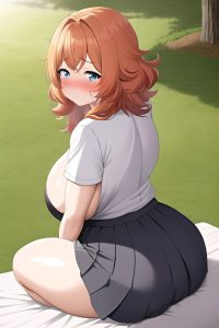 anime,chubby,huge boobs,50s age,sad face,ginger,messy hair style,light skin,soft anime,meadow,back view,massage,schoolgirl