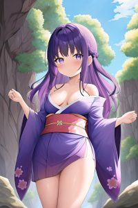 anime,chubby,small tits,20s age,shocked face,purple hair,bangs hair style,dark skin,watercolor,cave,close-up view,t-pose,kimono