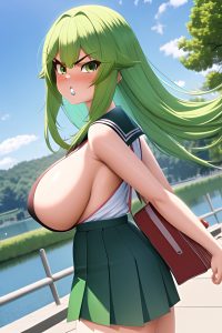 anime,skinny,huge boobs,70s age,angry face,green hair,bangs hair style,light skin,3d,lake,back view,jumping,schoolgirl