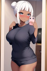 anime,chubby,small tits,50s age,pouting lips face,white hair,hair bun hair style,dark skin,mirror selfie,changing room,close-up view,working out,pajamas