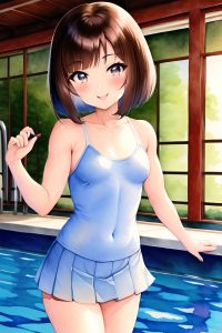 anime,muscular,small tits,50s age,happy face,brunette,bobcut hair style,light skin,watercolor,pool,back view,on back,schoolgirl
