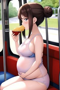 anime,pregnant,small tits,70s age,serious face,brunette,hair bun hair style,light skin,film photo,bus,side view,eating,bra
