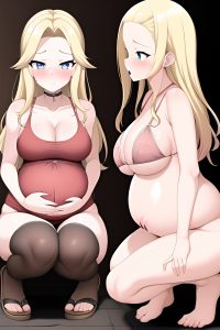 anime,pregnant,small tits,40s age,shocked face,blonde,slicked hair style,light skin,dark fantasy,desert,side view,squatting,goth