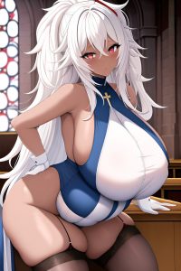 anime,pregnant,huge boobs,18 age,ahegao face,white hair,messy hair style,dark skin,crisp anime,church,close-up view,bending over,stockings