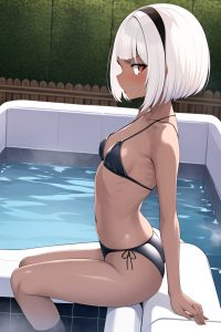 anime,skinny,small tits,60s age,angry face,white hair,bobcut hair style,dark skin,skin detail (beta),hot tub,side view,straddling,schoolgirl