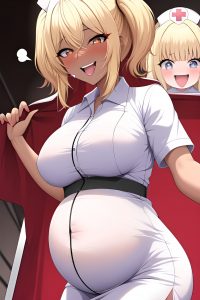 anime,pregnant,small tits,50s age,laughing face,blonde,bangs hair style,dark skin,comic,stage,close-up view,cumshot,nurse