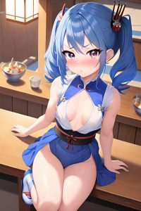 anime,muscular,small tits,18 age,pouting lips face,blue hair,pigtails hair style,light skin,painting,bar,close-up view,jumping,geisha