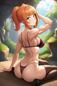 anime,muscular,small tits,70s age,happy face,ginger,pixie hair style,light skin,painting,cave,back view,spreading legs,bra