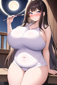 anime,chubby,huge boobs,20s age,pouting lips face,brunette,straight hair style,light skin,painting,moon,front view,plank,pajamas