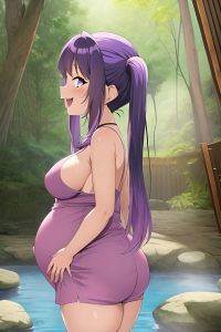 anime,pregnant,small tits,60s age,laughing face,purple hair,pigtails hair style,dark skin,vintage,jungle,back view,bathing,nurse