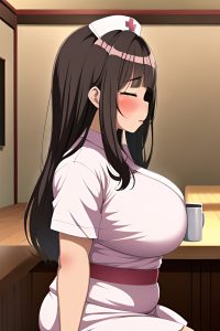 anime,chubby,small tits,60s age,ahegao face,brunette,slicked hair style,dark skin,soft + warm,cafe,side view,sleeping,nurse