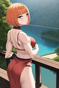 anime,muscular,small tits,60s age,seductive face,ginger,bobcut hair style,light skin,painting,lake,back view,on back,geisha