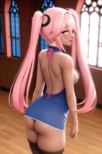 anime,skinny,small tits,20s age,ahegao face,pink hair,pigtails hair style,dark skin,3d,church,back view,gaming,stockings