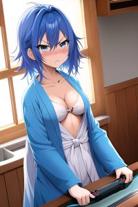 anime,busty,small tits,60s age,angry face,blue hair,messy hair style,light skin,film photo,bar,front view,gaming,bathrobe