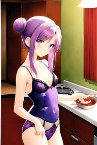 anime,skinny,small tits,70s age,seductive face,purple hair,hair bun hair style,light skin,watercolor,church,back view,cooking,lingerie