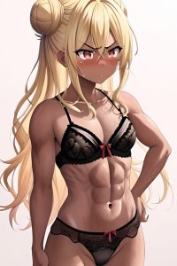 anime,muscular,small tits,40s age,angry face,blonde,hair bun hair style,dark skin,watercolor,desert,side view,cumshot,lingerie