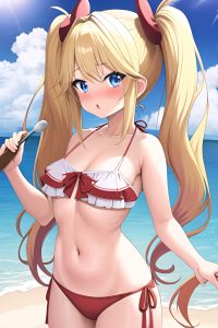 anime,busty,small tits,70s age,shocked face,blonde,pigtails hair style,light skin,soft anime,beach,front view,cooking,bikini