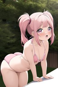 anime,chubby,small tits,80s age,orgasm face,pink hair,pigtails hair style,light skin,soft anime,oasis,front view,bending over,bikini