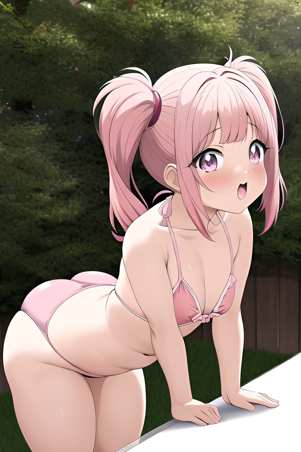 Anime Girl Bent Over Swimsuit - Anime Chubby Small Tits 80s Age Orgasm Face Pink Hair Pigtails Hair Style  Light Skin Soft Anime Oasis Front View Bending Over Bikini - AI Hentai