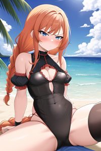 anime,busty,small tits,70s age,serious face,ginger,braided hair style,light skin,painting,beach,side view,spreading legs,goth