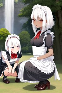 anime,skinny,small tits,30s age,ahegao face,white hair,bangs hair style,dark skin,warm anime,lake,front view,squatting,maid