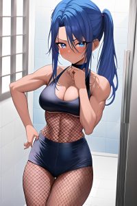 anime,muscular,small tits,80s age,shocked face,blue hair,slicked hair style,dark skin,comic,bathroom,close-up view,yoga,fishnet