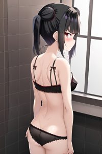 anime,skinny,small tits,50s age,angry face,black hair,pigtails hair style,dark skin,dark fantasy,bathroom,back view,on back,lingerie